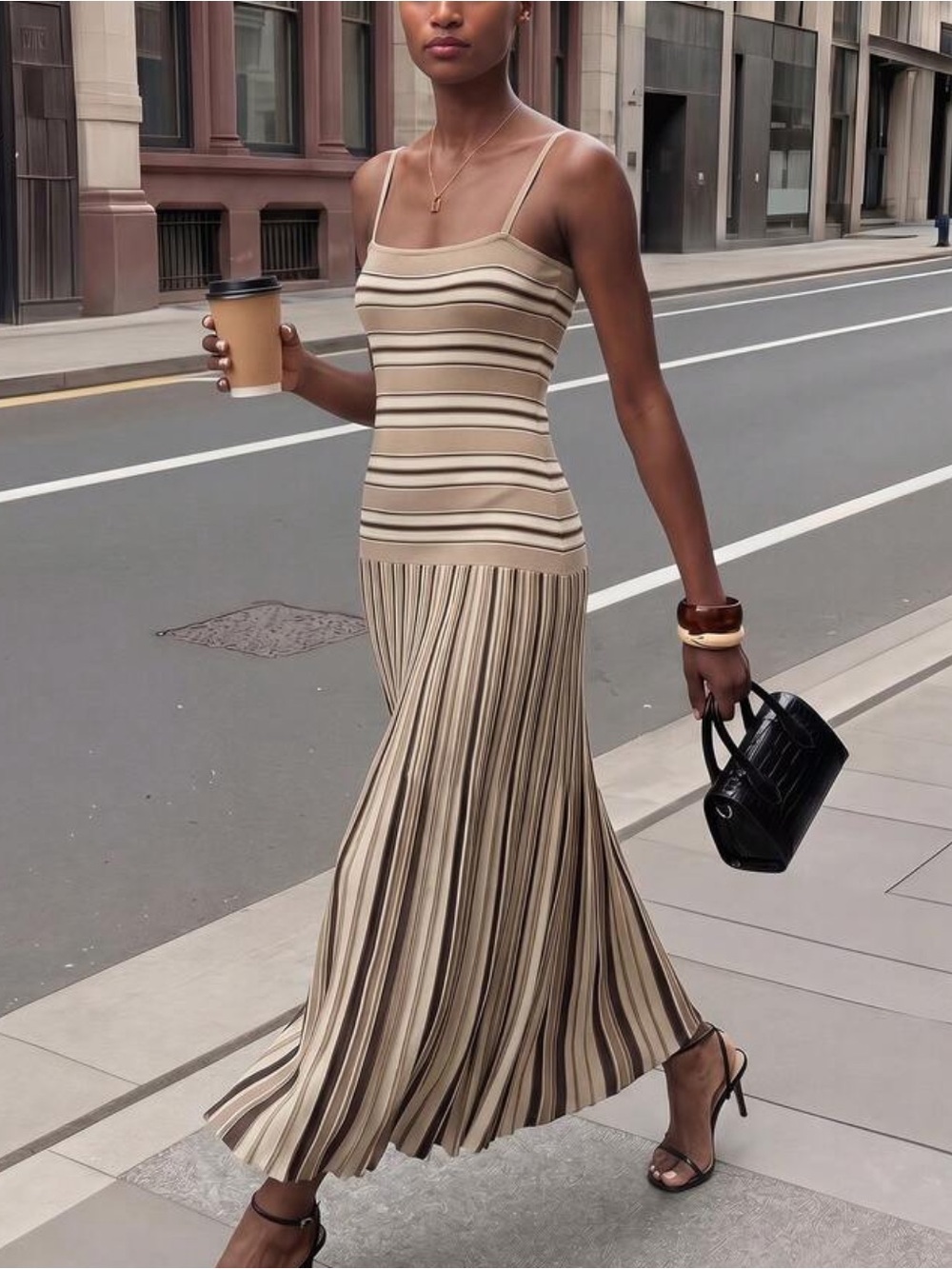 Striped Beige Maxi Dress with Spaghetti Straps